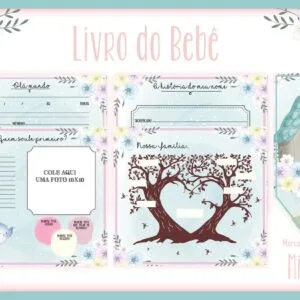 Paginas decoradas com tema infantil, flores e passaros para livro de bebe.