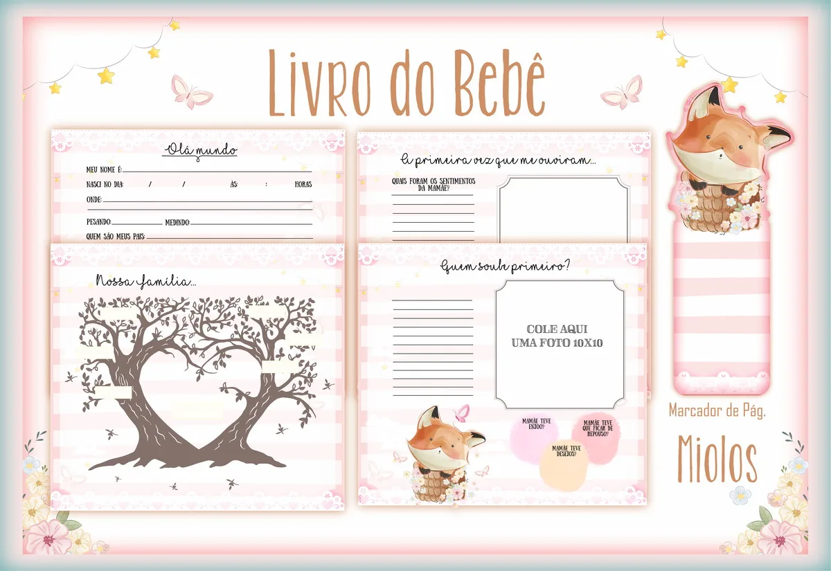 Páginas ilustradas de livro do bebê com tema de raposa e tons rosados.