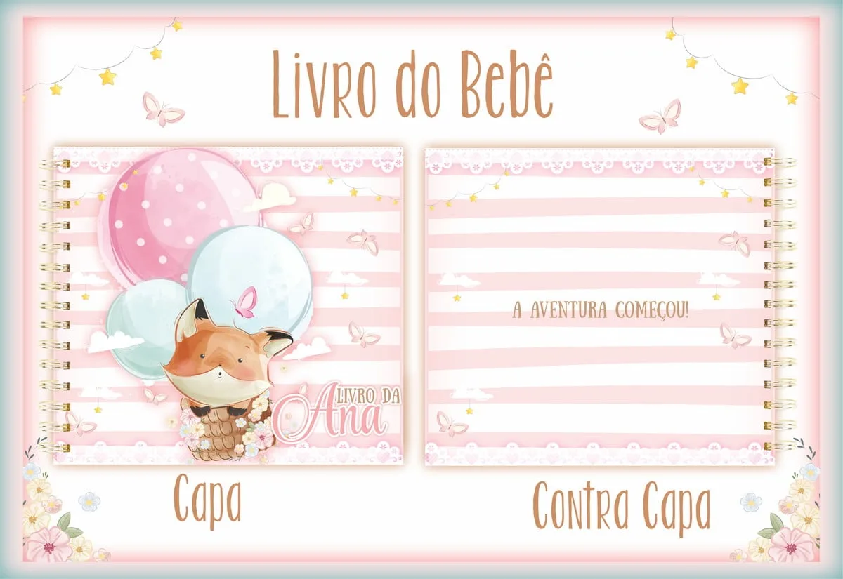 Capa e contracapa ilustradas de livro de bebê com raposa e balões.