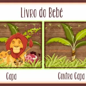 Livro do Bebê Rei Leão 37 Arte digital de capa e contra capa de livro infantil com tema de selva.