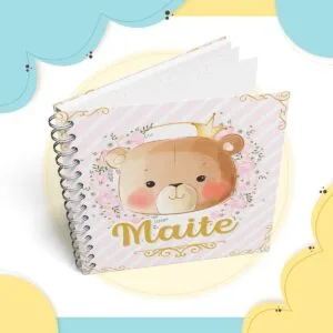 Caderno espiral com capa rosa decorada com urso de pelúcia fofo e flores