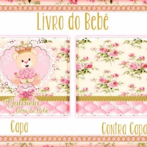 Capa e contracapa de livro de bebe com tema floral e ursinha.