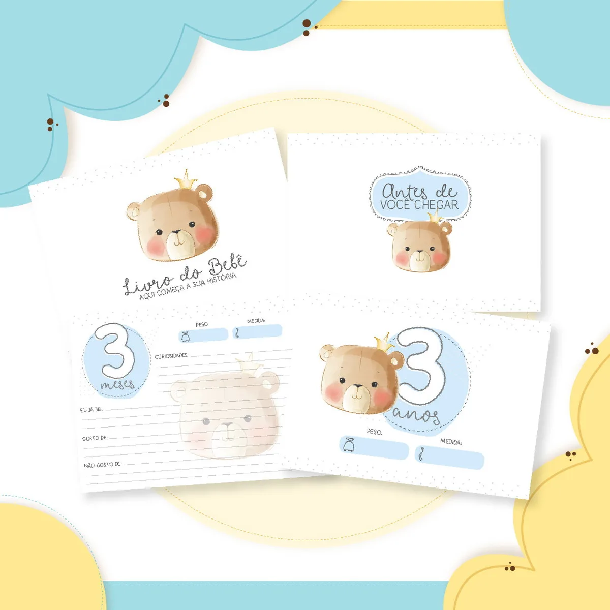 Livro do Bebê Ursinho Príncipe 3 Ilustração de livro do bebê com urso fofo e páginas decoradas.