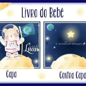 Capa e contra capa de livro de bebe com tema espacial