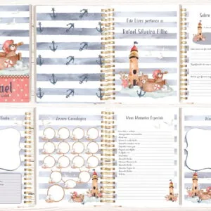Várias páginas abertas de um livro infantil personalizado com temas marinhos e náuticos.