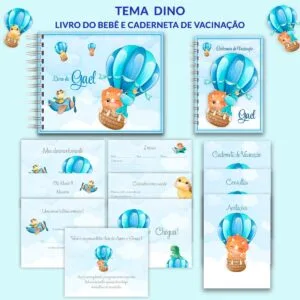 Kit digital com tema de dinossauro em balão para caderno e diário de bebê.