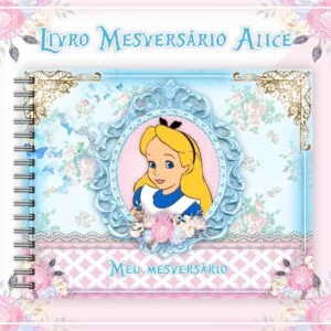 Capa de livro espiral com ilustração de personagem feminina loira em moldura decorada.