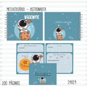 Coleção de artes digitais para álbum infantil com temática espacial e astronautas ilustrados.