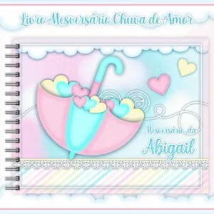 Capa de álbum espiral com ilustração de guarda-chuva, corações e nuvens em tons pastel.