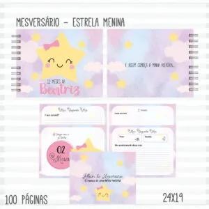 Design digital de álbum de mesversário com estrelas, nuvens e cores suaves em tons pastéis.