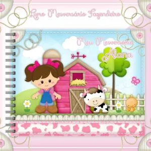 Capa de livro digital com tema de fazenda rosa contendo menina, vaca e celeiro.