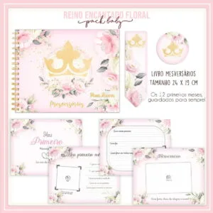 Kit digital com tema de coroa e flores para mesversário em tons rosa.