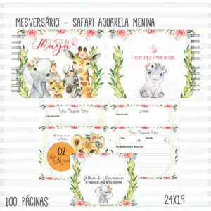 Livro Mêsversário Safari Aquarela Menina 28 Layout de páginas de álbum infantil com ilustrações de animais em aquarela e flores.