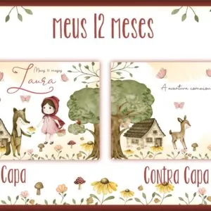Arte digital apresentando capa e contracapa com tema de floresta em aquarela.