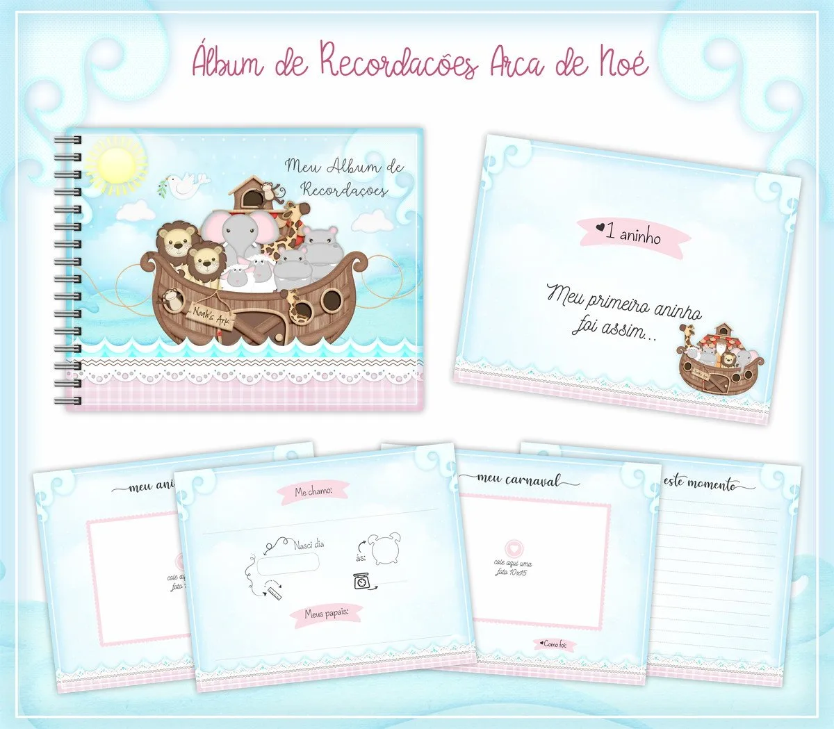 Livro Recordações Bebê Arca de Noé Menina 1 Livro Recordações Bebê Arca de Noé Menina