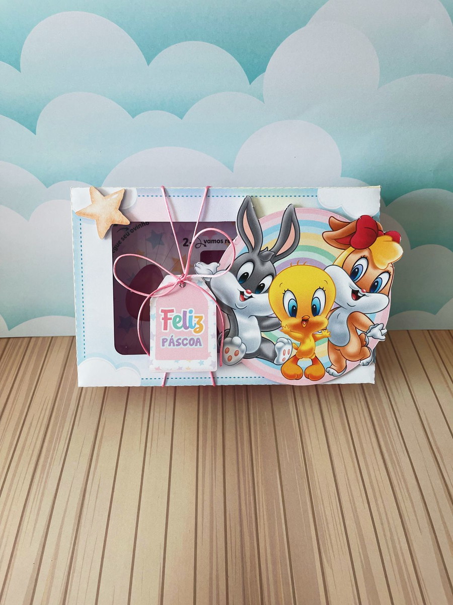 Mini Confeiteiro Looney Tunes - Arquivo Digital 2 Arte digital caixa Páscoa com coelho cinza, passarinho amarelo, coelha marrom, arco-íris.