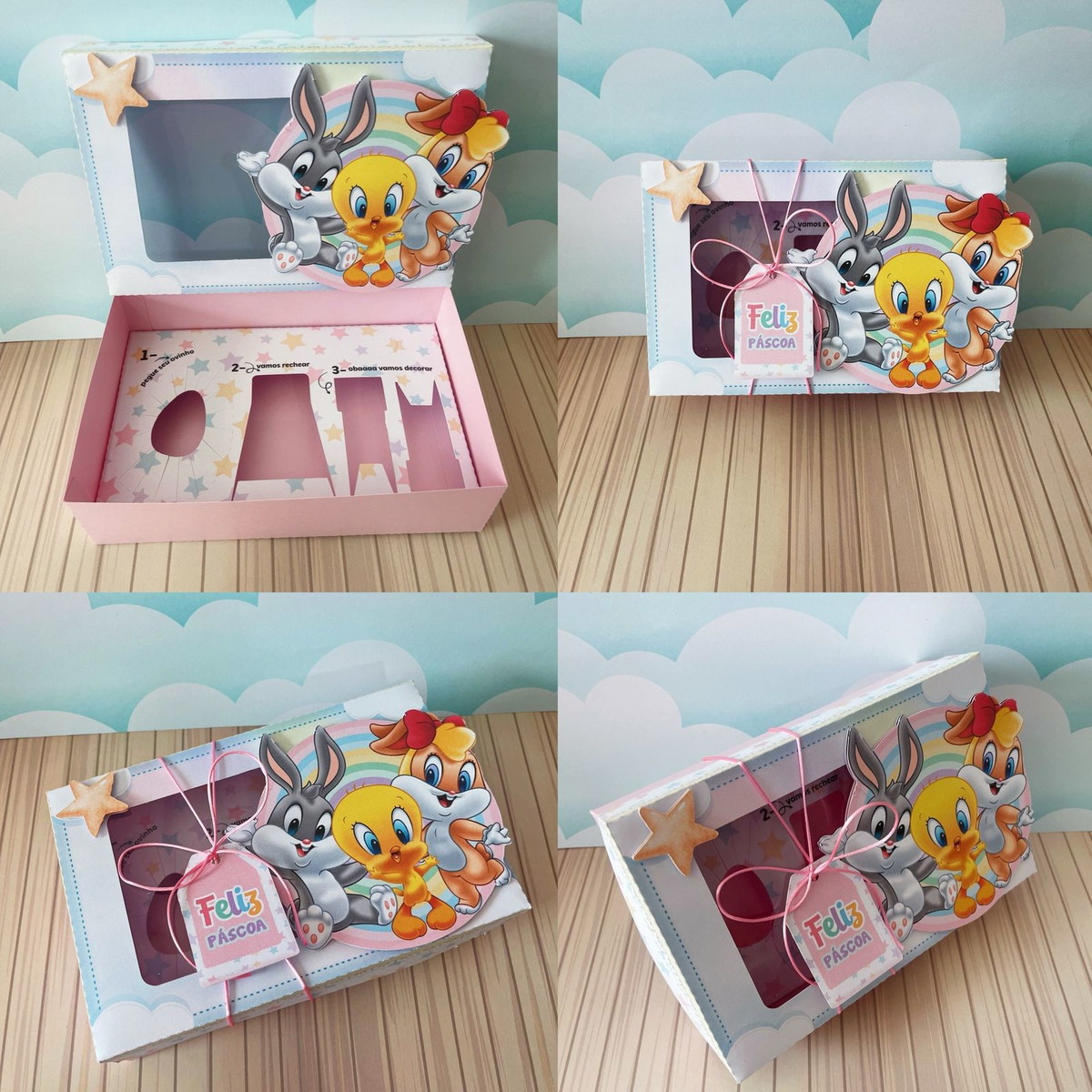 Mini Confeiteiro Looney Tunes - Arquivo Digital 3 Arte digital caixa ovo Páscoa colher Looney Tunes com personagens animados.