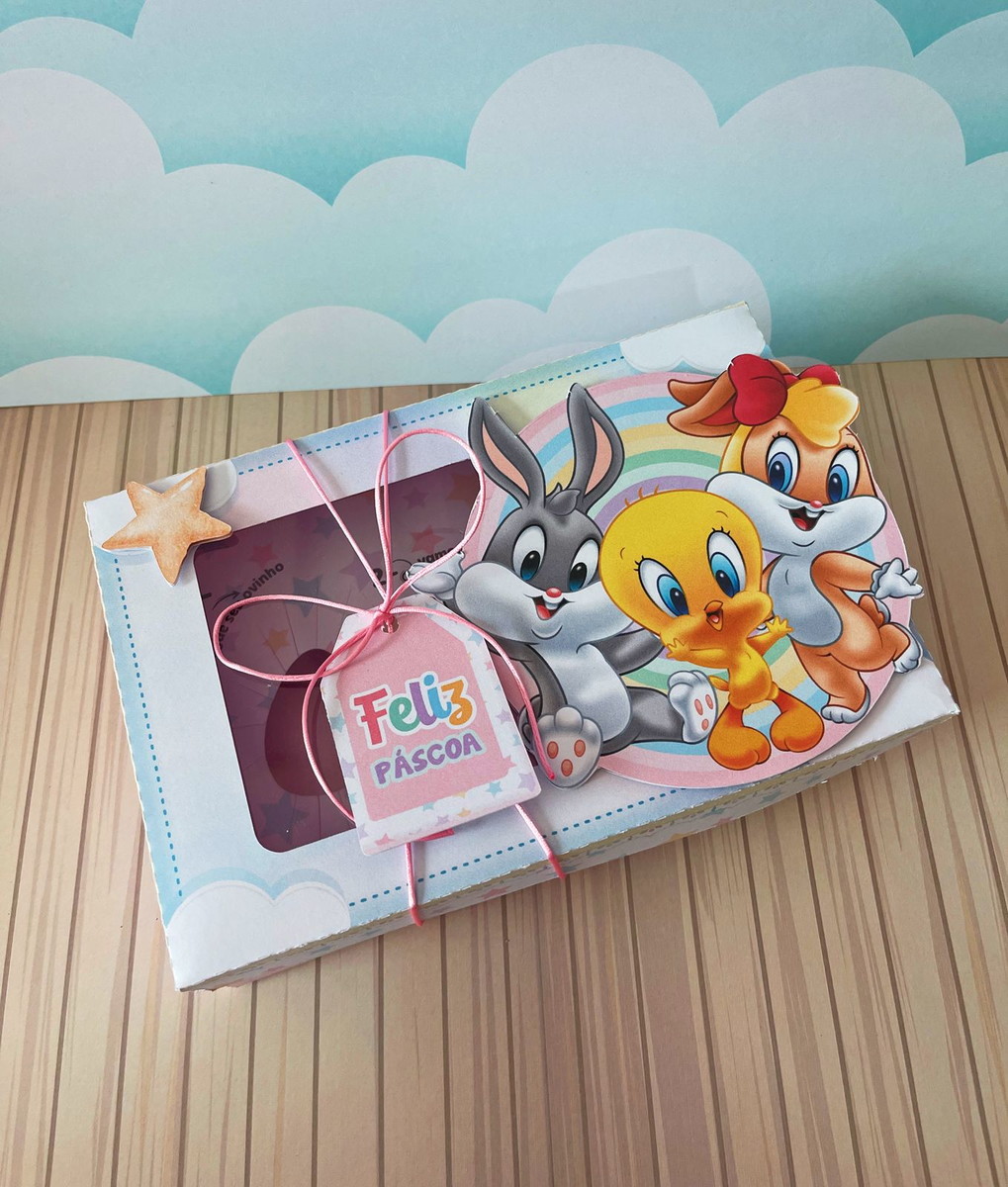 Mini Confeiteiro Looney Tunes - Arquivo Digital 4 Arte digital de caixa Páscoa com personagens infantis, coelho, passarinho e coelha.