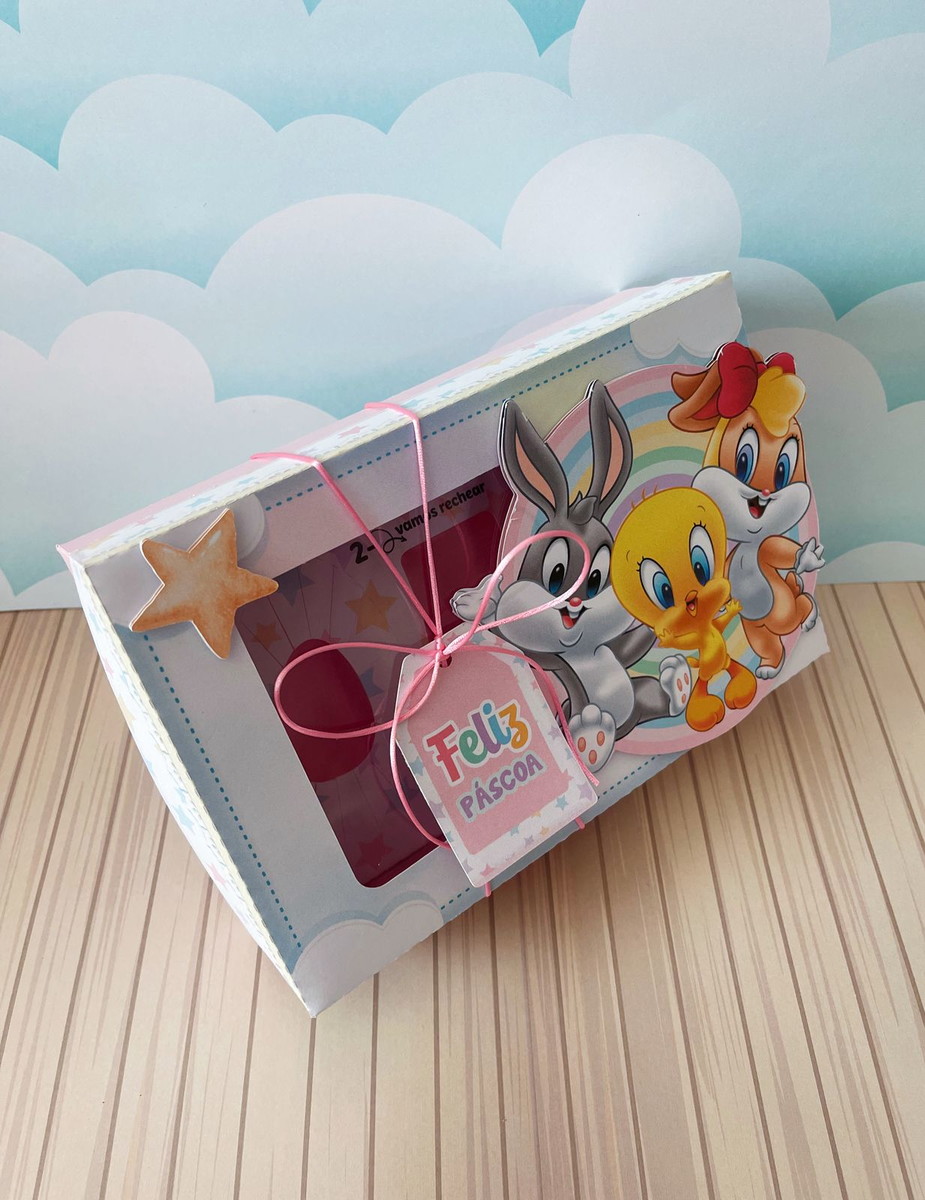 Mini Confeiteiro Looney Tunes - Arquivo Digital 5 Arte digital caixa de Páscoa com coelho, passarinho e coelha.