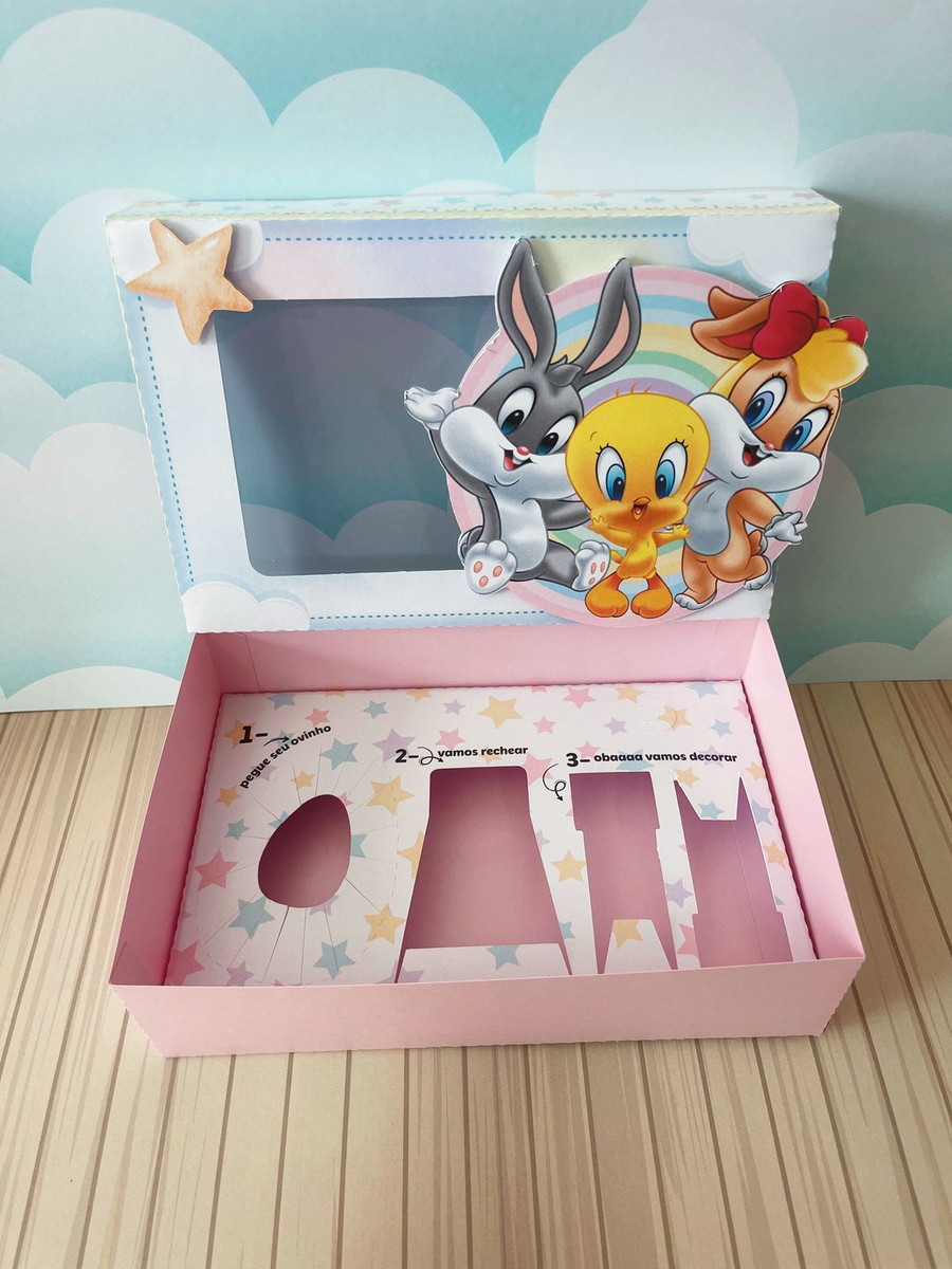 Mini Confeiteiro Looney Tunes - Arquivo Digital 1 Caixa de Páscoa digital Looney Tunes com coelhinhos e Piu-Piu, ideal para ovos.