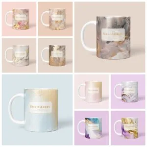 Colagem de canecas brancas com pinturas abstratas marmorizadas em rosa, azul e dourado.