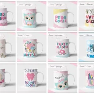 Doze canecas brancas com artes ilustradas de diferentes profissões organizadas em formato de grade.