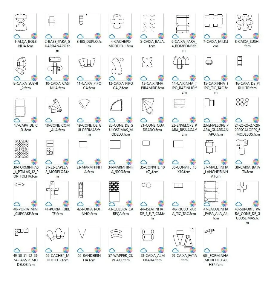 Pack 60 Moldes Limpos Festa Pronta Silhouette Corel Scanncut 4 Grade de moldes digitais em contornos pretos, numerados de 1 a 60, com pequenos ícones.