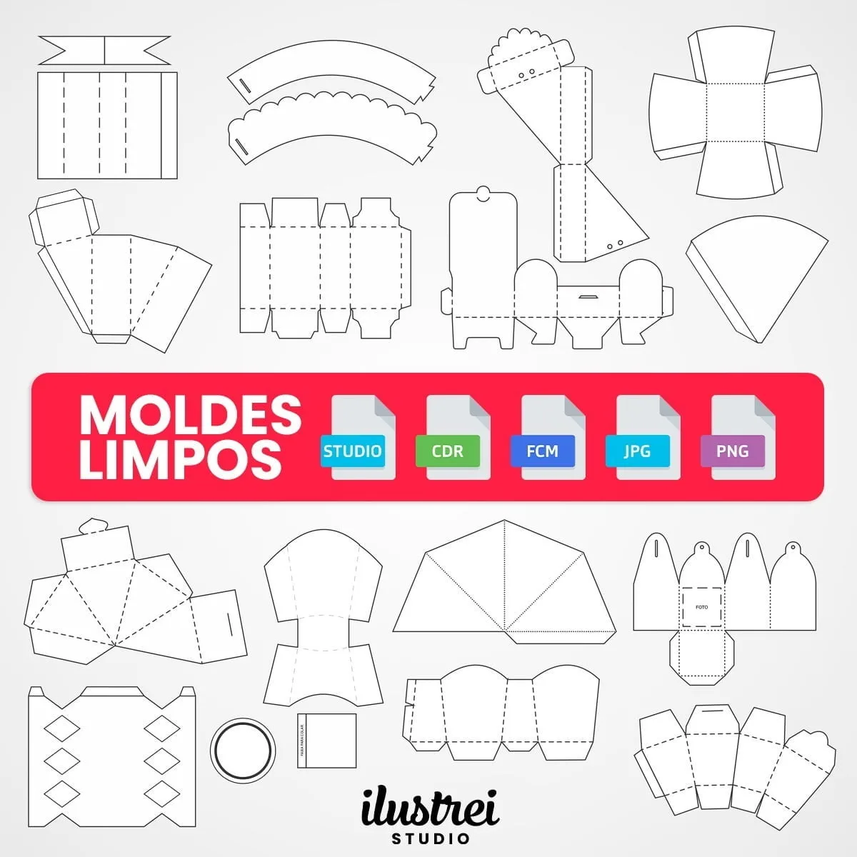 Pack 60 Moldes Limpos Festa Pronta Silhouette Corel Scanncut 1 Desenho técnico de moldes de embalagens em fundo claro