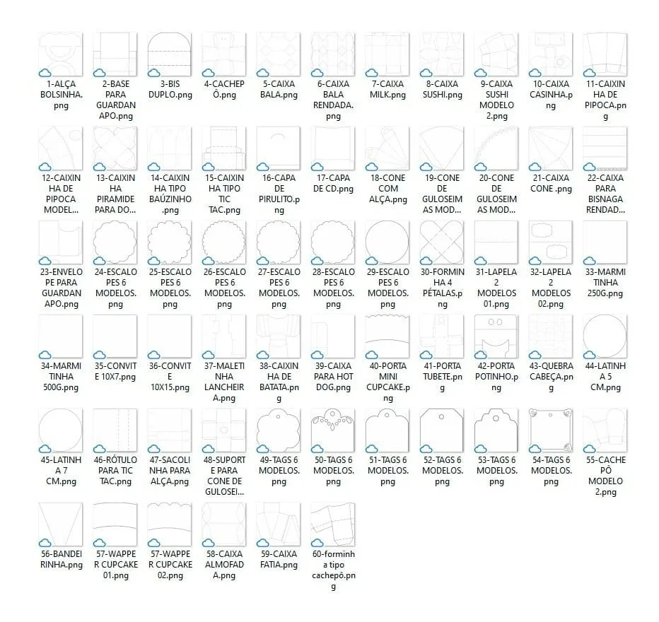 Pack 60 Moldes Limpos Festa Pronta Silhouette Corel Scanncut 6 Grade de moldes numerados com contornos brancos e nomes de arquivos.