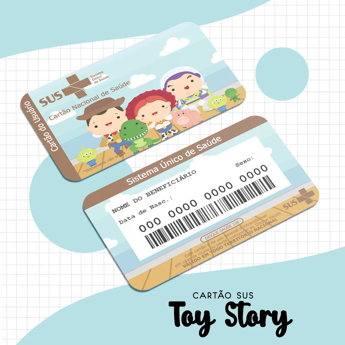 Dois cartões de saúde personalizados com ilustrações infantis de personagens de filmes de animação.