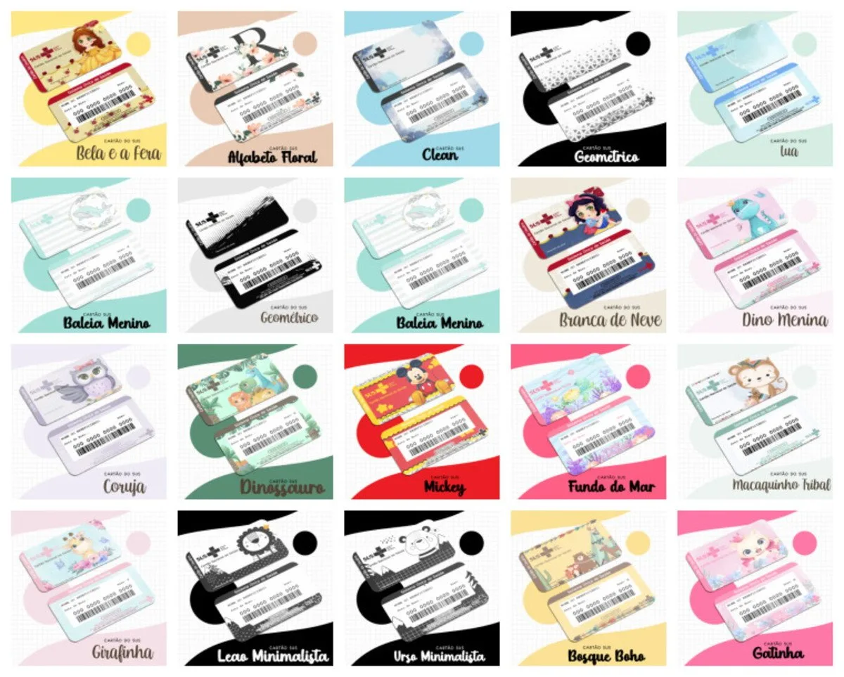 Conjunto de cartões personalizados com vários designs ilustrados em uma grade organizada.