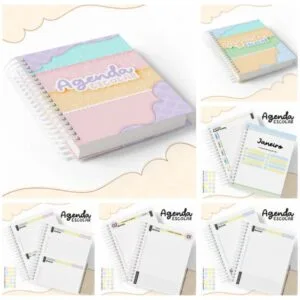 Pack Agenda Escolar 2022 12 Arte digital de agenda escolar com capas coloridas e páginas internas pautadas