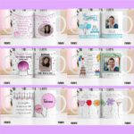 Seis pares de canecas brancas com designs digitais personalizados para celebrações diversas.