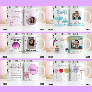 Pack Artes Caneca Aniversário 11 Seis pares de canecas brancas com designs digitais personalizados para celebrações diversas.