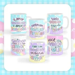 Seis canecas brancas estampadas com frases motivacionais em cores pastéis.