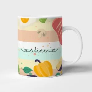 Caneca branca estampada com ilustrações coloridas de alimentos e fundo decorativo.
