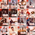 Colagem de 16 cartões quadrados com pessoas praticando exercícios físicos em academia.