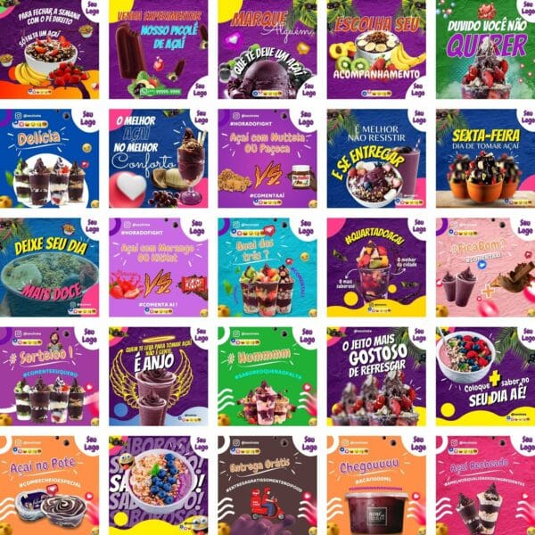Pack Canva Açaí Template Canva 200 Artes + Bônus