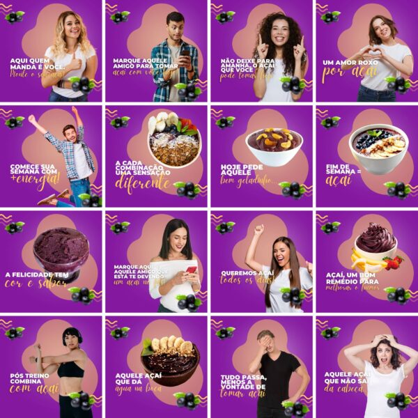 Pack Canva Açaí Template Canva 200 Artes + Legendas