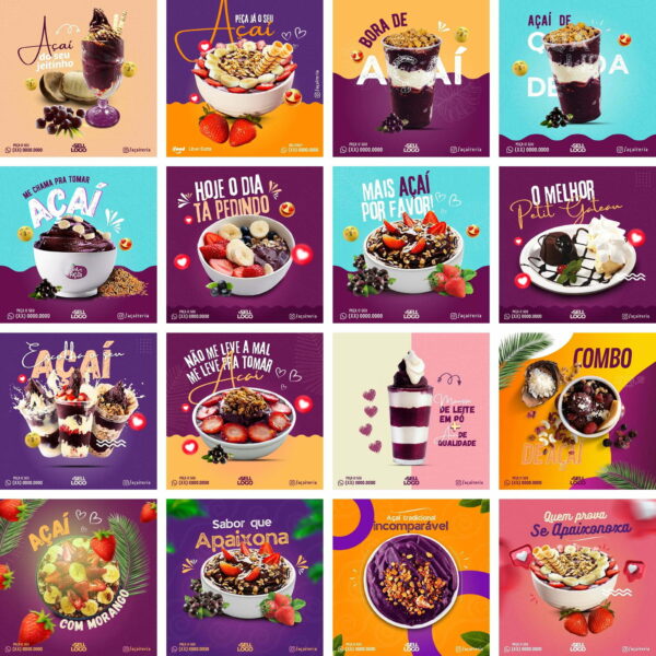 Pack Canva Açaí Template Canva 32 Artes + Bônus