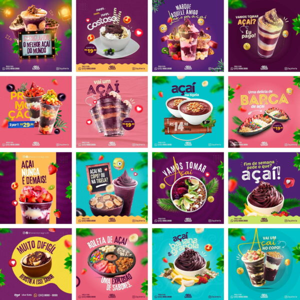 Pack Canva Açaí Template Canva 32 Artes + Bônus