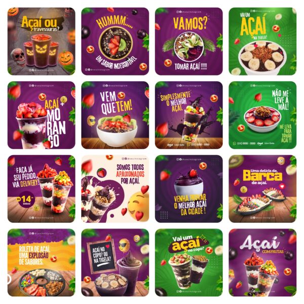 Pack Canva Açaí Template Canva 65 Artes + Bônus