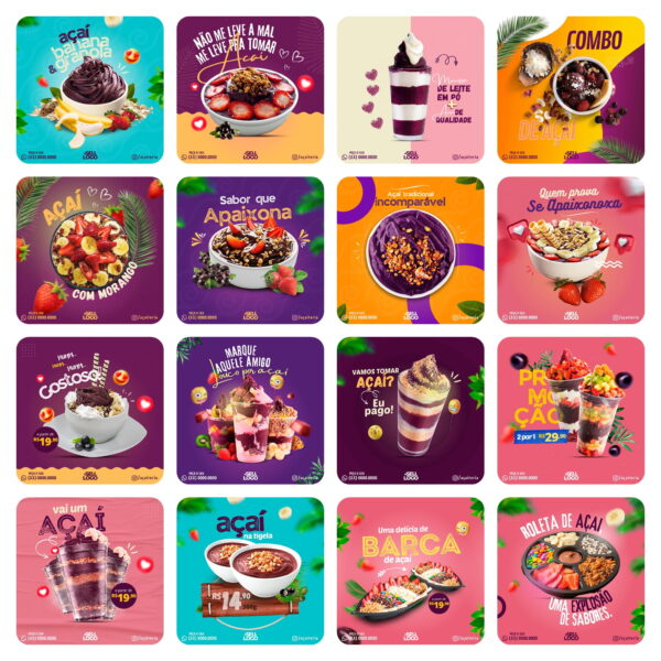Pack Canva Açaí Template Canva 65 Artes + Bônus