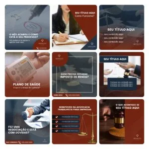 Colagem de nove cartões jurídicos com balança, martelo e textos editáveis.