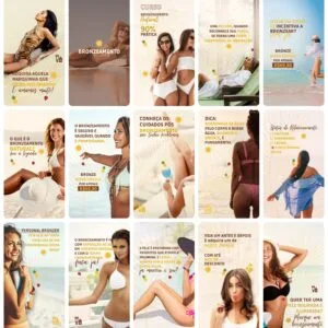 Grade de cards com mulheres de biquíni em praias e textos sobre bronzeamento.