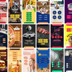 Grade de 18 artes digitais com fotos, botões e ícones