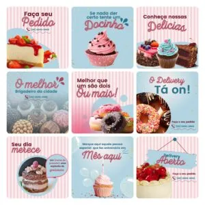Nove cartões digitais com doces, bolos, cupcakes e brigadeiros em fundos coloridos