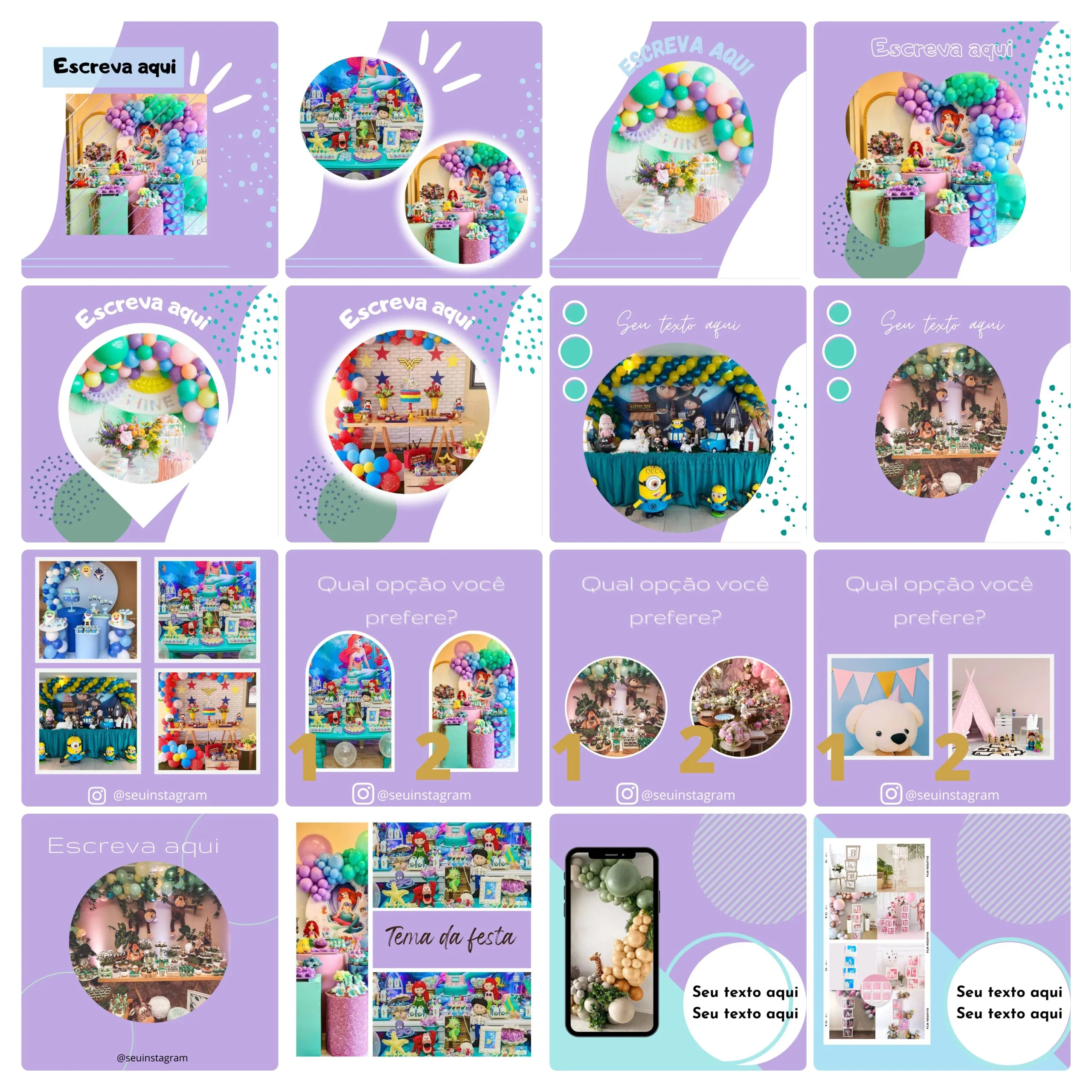 Grade de modelos lilás para posts com fotos de decoração de festa e textos editáveis