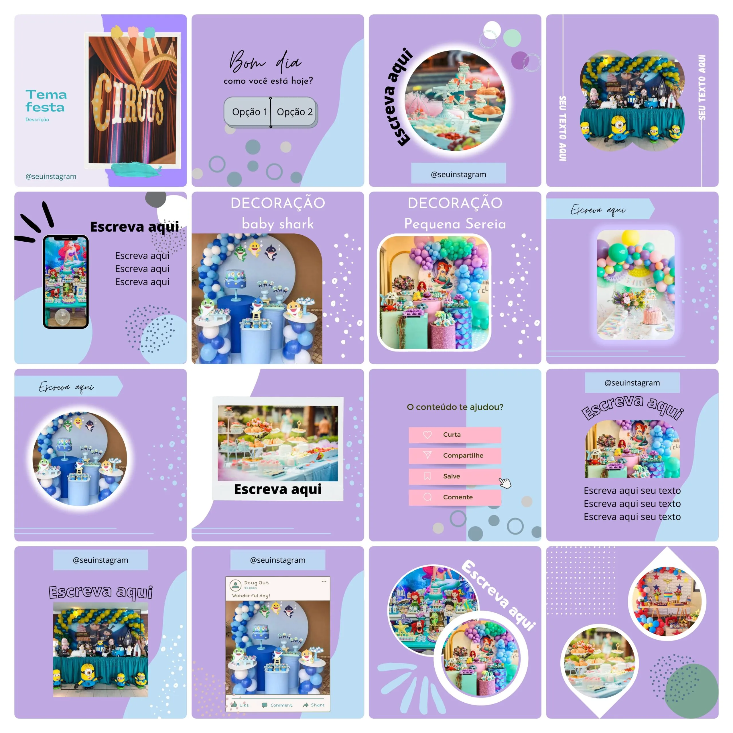 Grade de cartões digitais lilás com balões, doces e textos de preenchimento