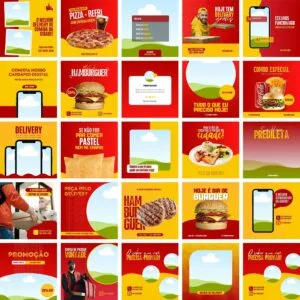 Grade com cartazes digitais coloridos de comida e entrega